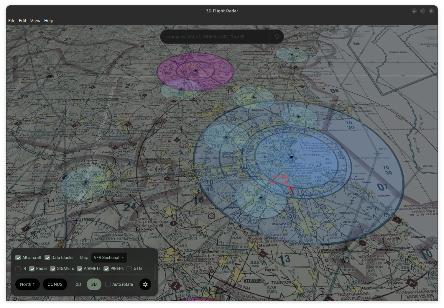 Dark mode overview with aircraft tracking trails across the United States