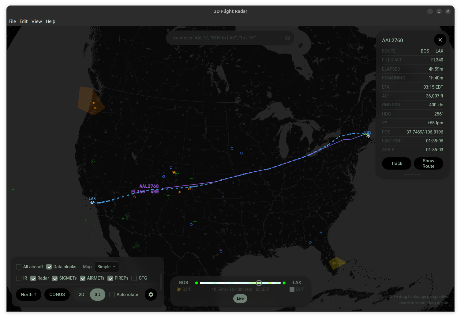 Flight plan route from Boston to Los Angeles with timeline scrubber and weather context