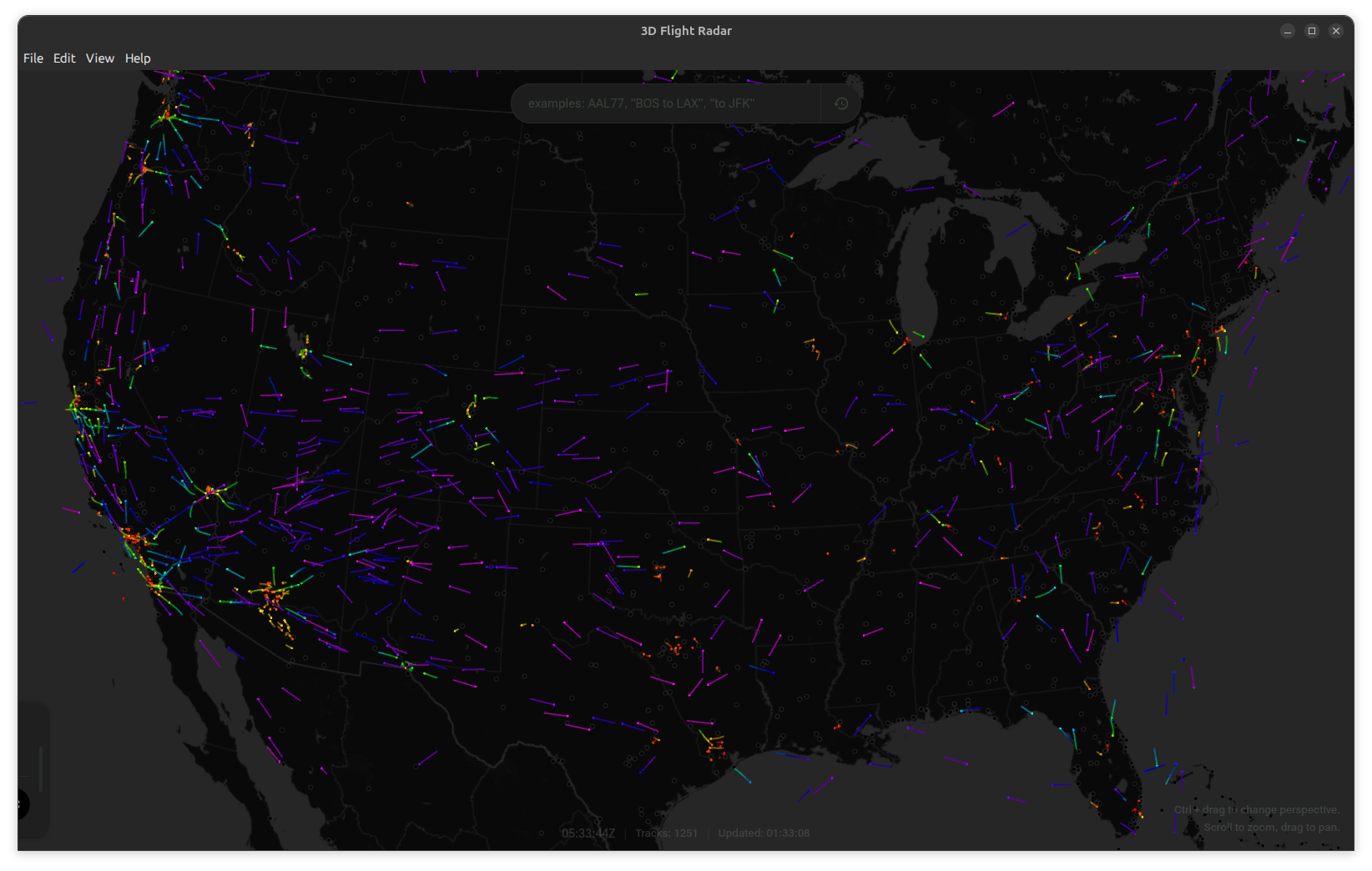 3D Flight Radar showing airports, weather overlays, and the selected airport panel